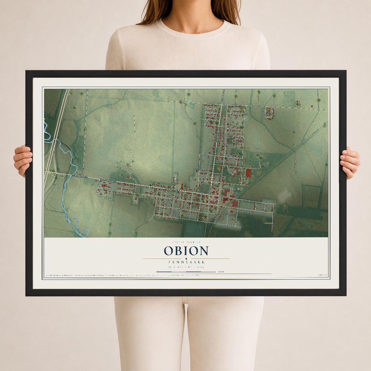 Map of Obion, Tennessee, 24 x 36 inch print in a black wood frame
