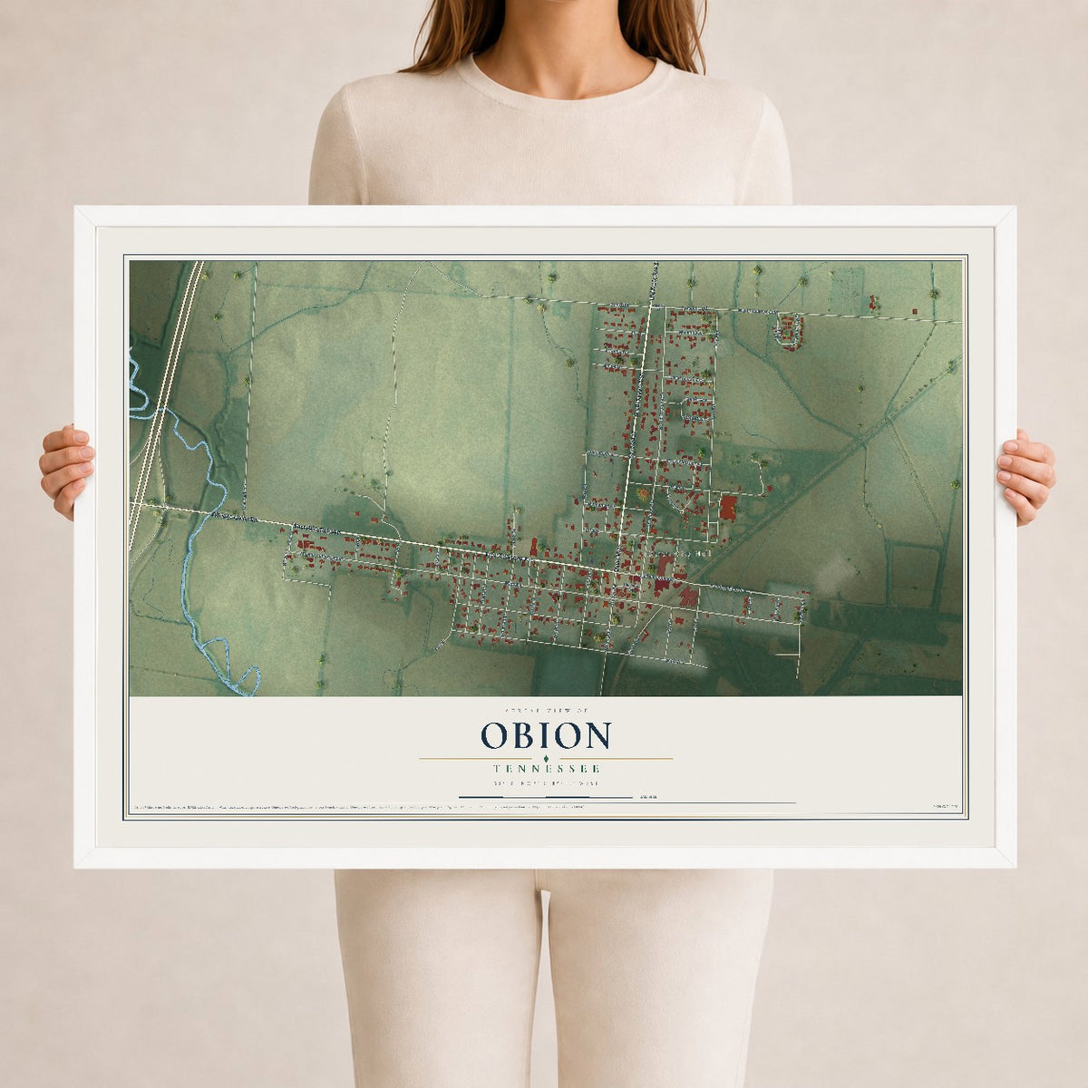 Map of Obion, Tennessee, 24 x 36 inch print in a white wood frame