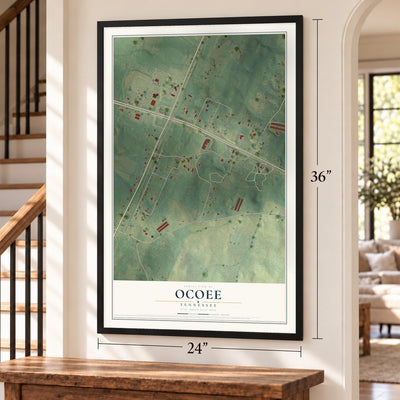 Ocoee, Tennessee map, 24 x 36 inch print in a black frame by a staircase