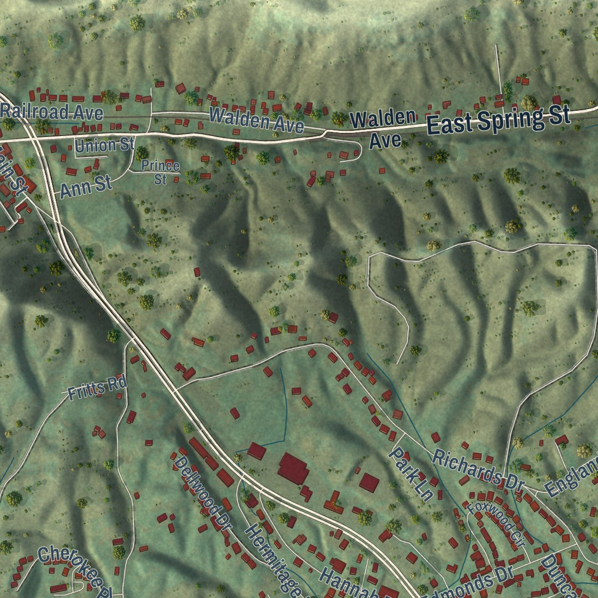 Close-up of the map of Oliver Springs, Tennessee print showing street and building detail