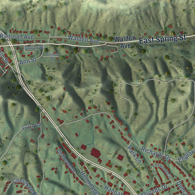 Close-up of the map of Oliver Springs, Tennessee print showing street and building detail