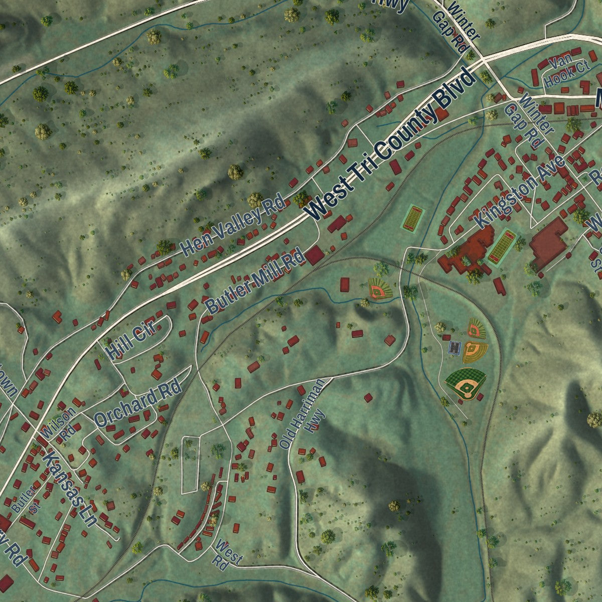 Second close-up of the map of Oliver Springs, Tennessee print showing more streets and buildings