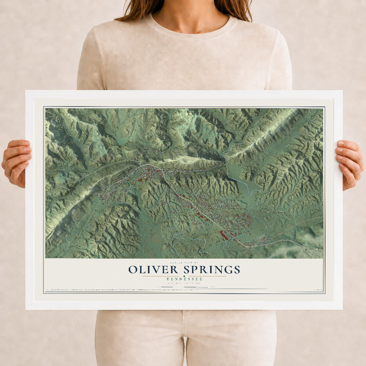 Map of Oliver Springs, Tennessee, 12 x 18 inch print in a white wood frame