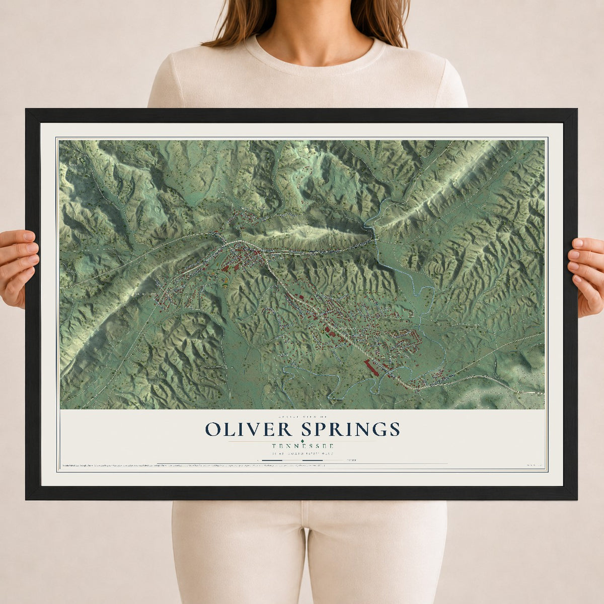 Map of Oliver Springs, Tennessee, 18 x 24 inch print in a black wood frame