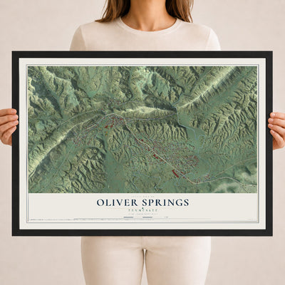 Map of Oliver Springs, Tennessee, 18 x 24 inch print in a black wood frame