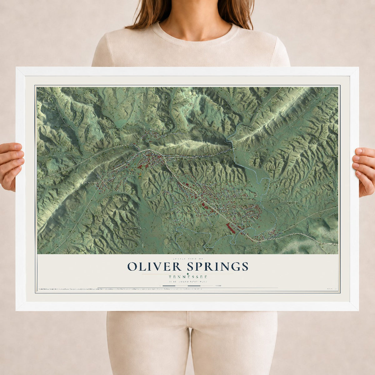 Map of Oliver Springs, Tennessee, 18 x 24 inch print in a white wood frame