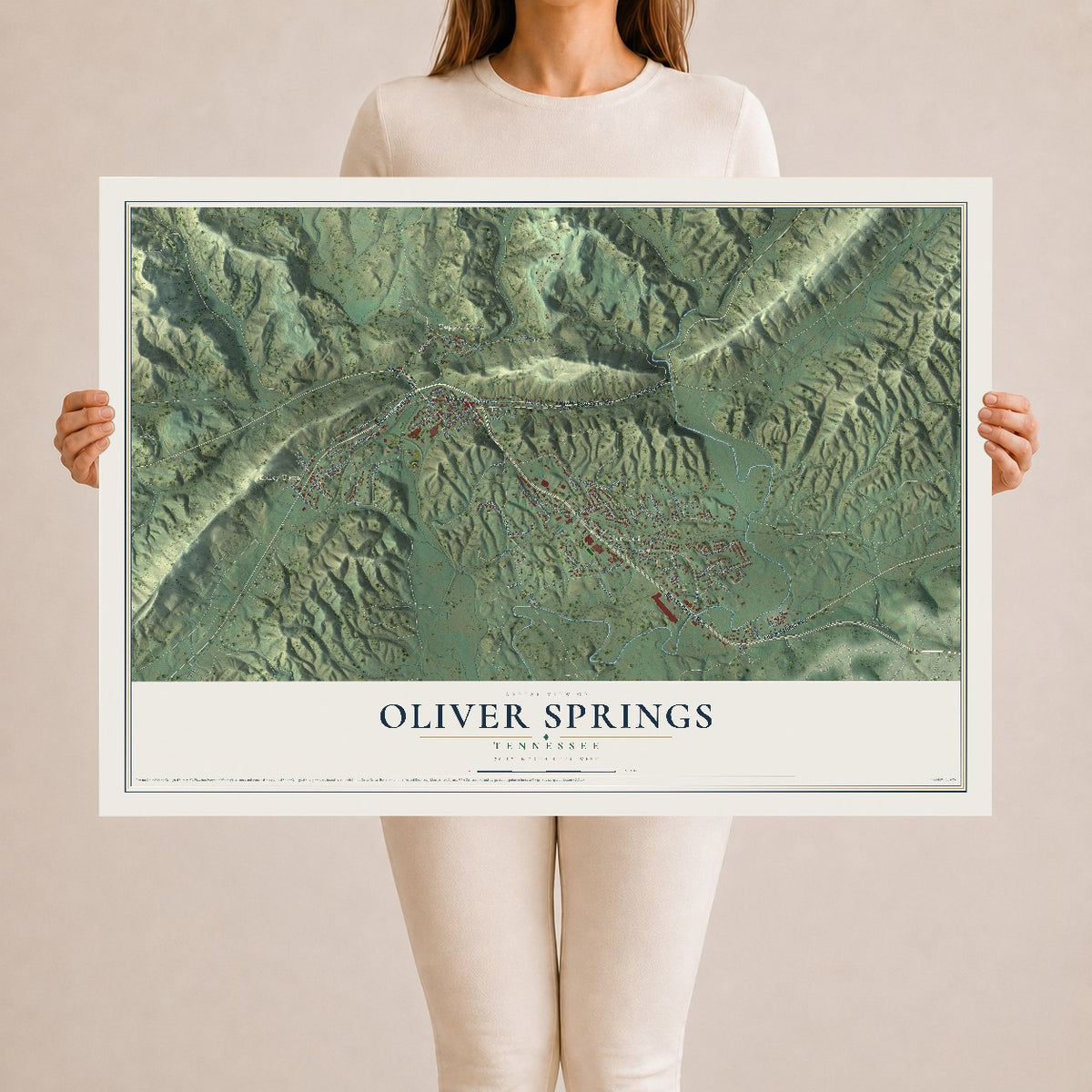 Map of Oliver Springs, Tennessee, 24 x 36 inch unframed archival matte print