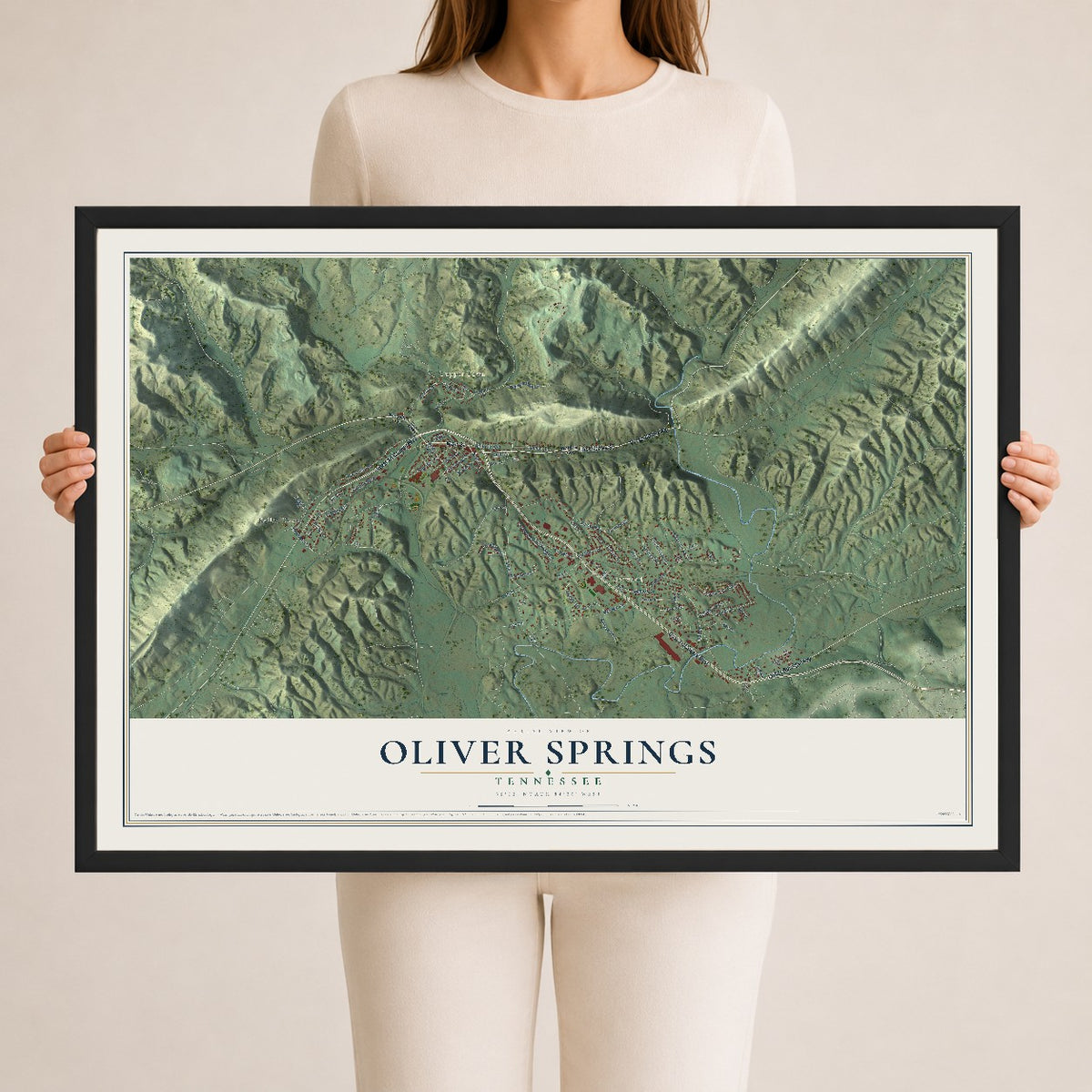 Map of Oliver Springs, Tennessee, 24 x 36 inch print in a black wood frame