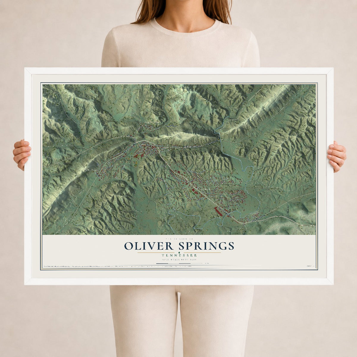 Map of Oliver Springs, Tennessee, 24 x 36 inch print in a white wood frame