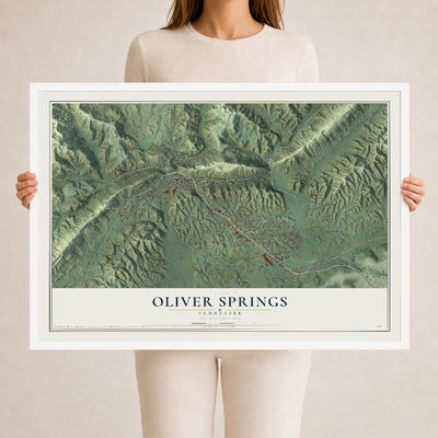 Map of Oliver Springs, Tennessee, 24 x 36 inch print in a white wood frame