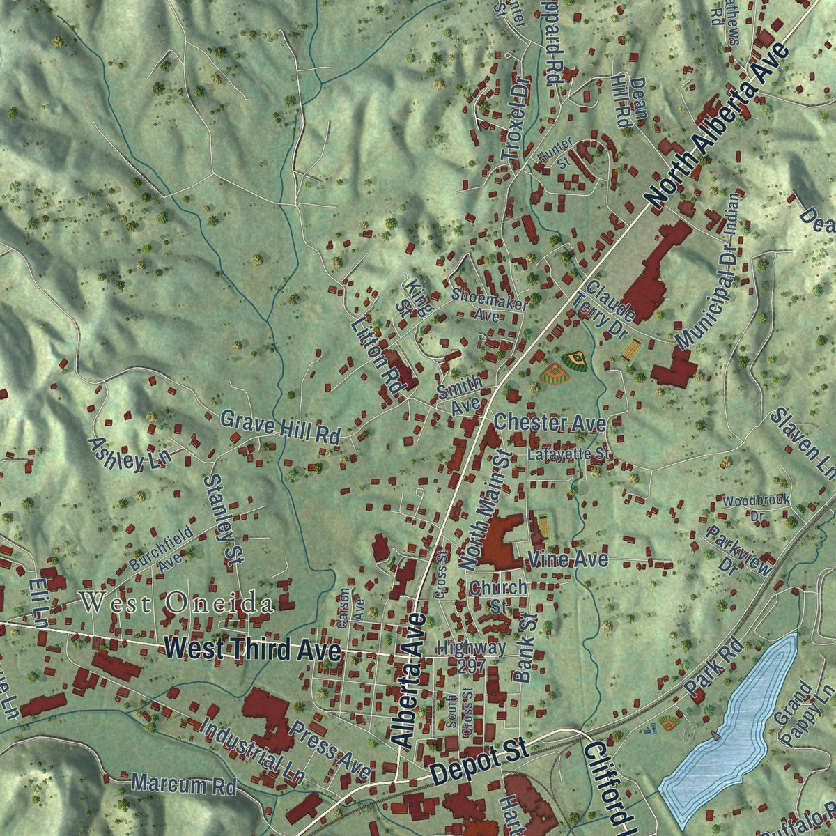 Close-up of the map of Oneida, Tennessee print showing street and building detail