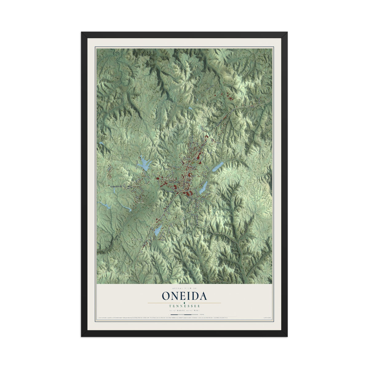 Map of Oneida, Tennessee, 12 x 18 inch print in a black wood frame