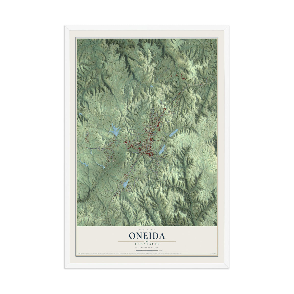 Map of Oneida, Tennessee, 12 x 18 inch print in a white wood frame