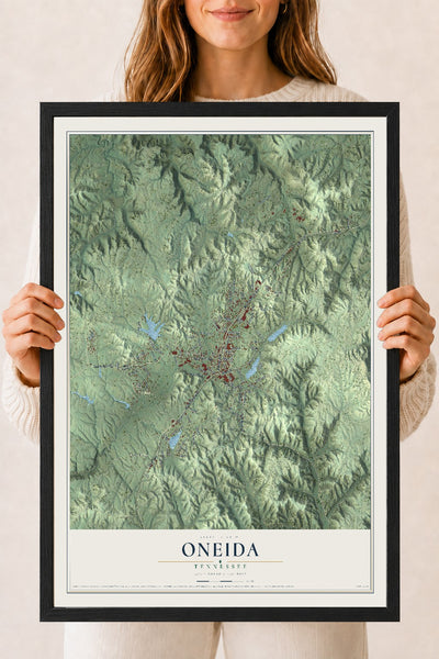 Map of Oneida, Tennessee, 18 x 24 inch print in a black wood frame