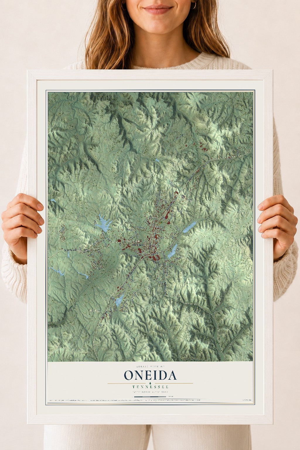Map of Oneida, Tennessee, 18 x 24 inch print in a white wood frame
