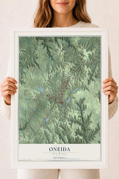Map of Oneida, Tennessee, 18 x 24 inch print in a white wood frame