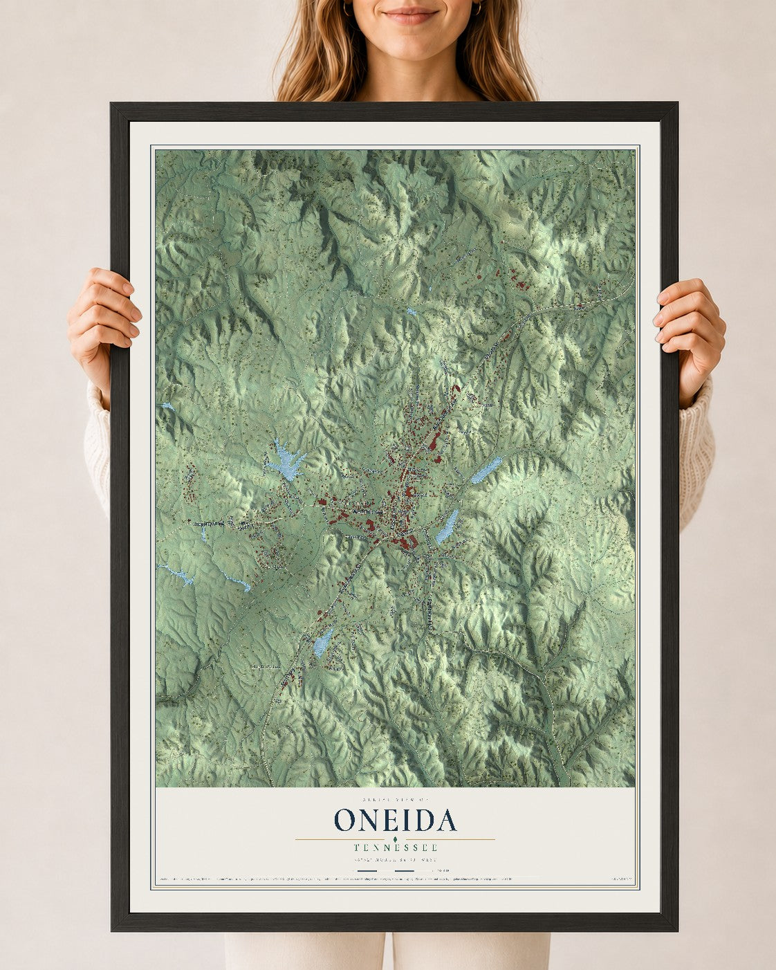 Map of Oneida, Tennessee, 24 x 36 inch print in a black wood frame
