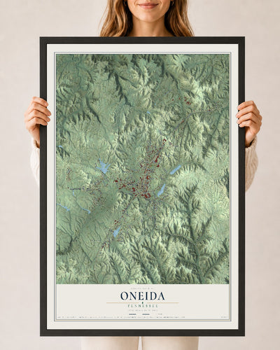 Map of Oneida, Tennessee, 24 x 36 inch print in a black wood frame