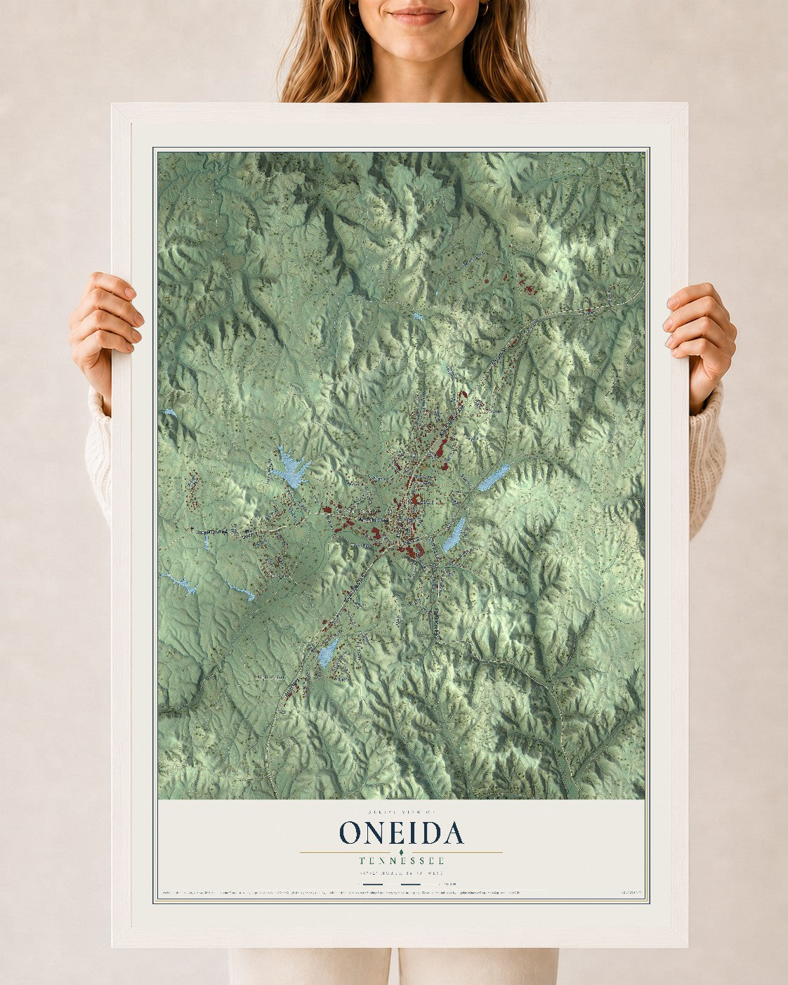 Map of Oneida, Tennessee, 24 x 36 inch print in a white wood frame