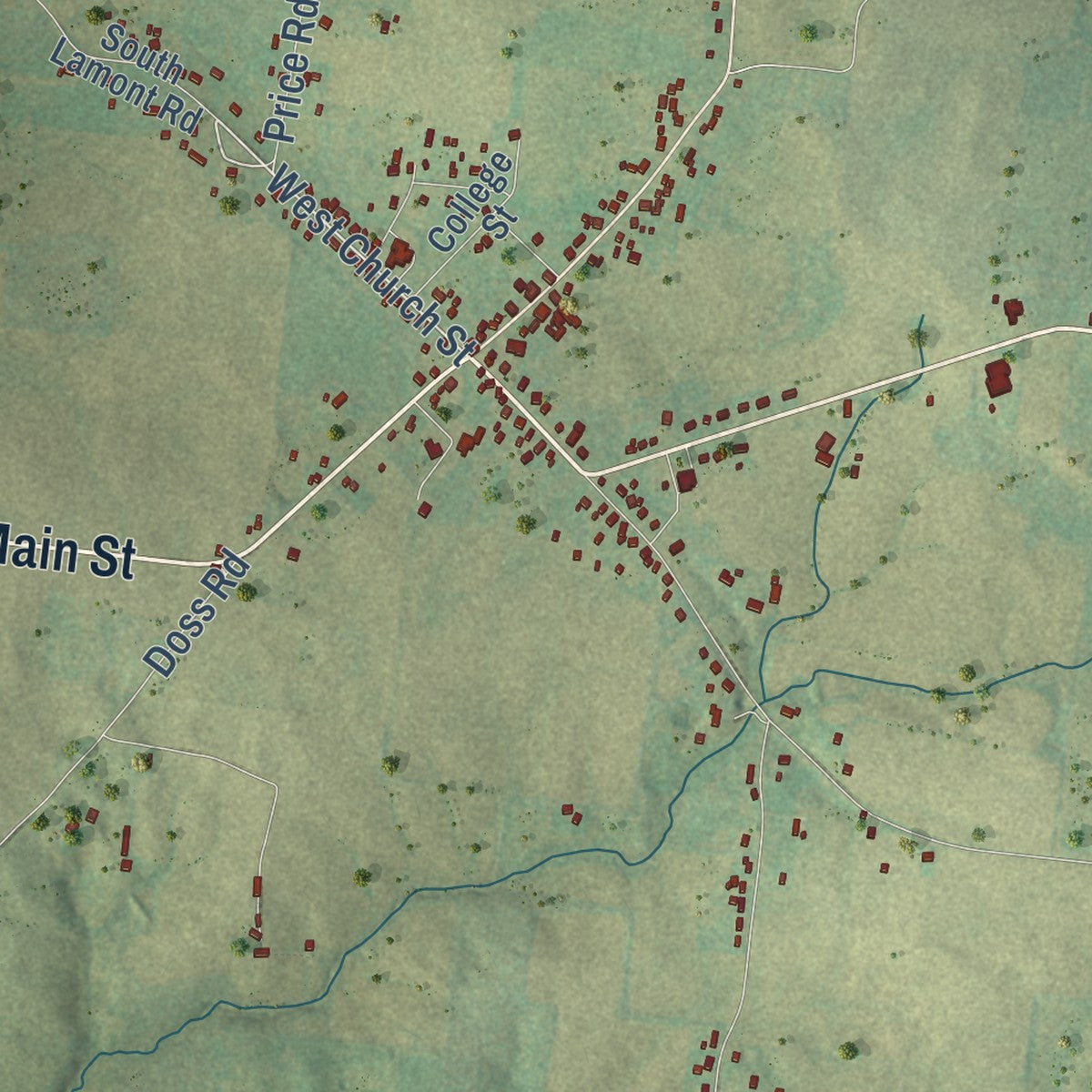 Close-up of the map of Orlinda, Tennessee print showing street and building detail