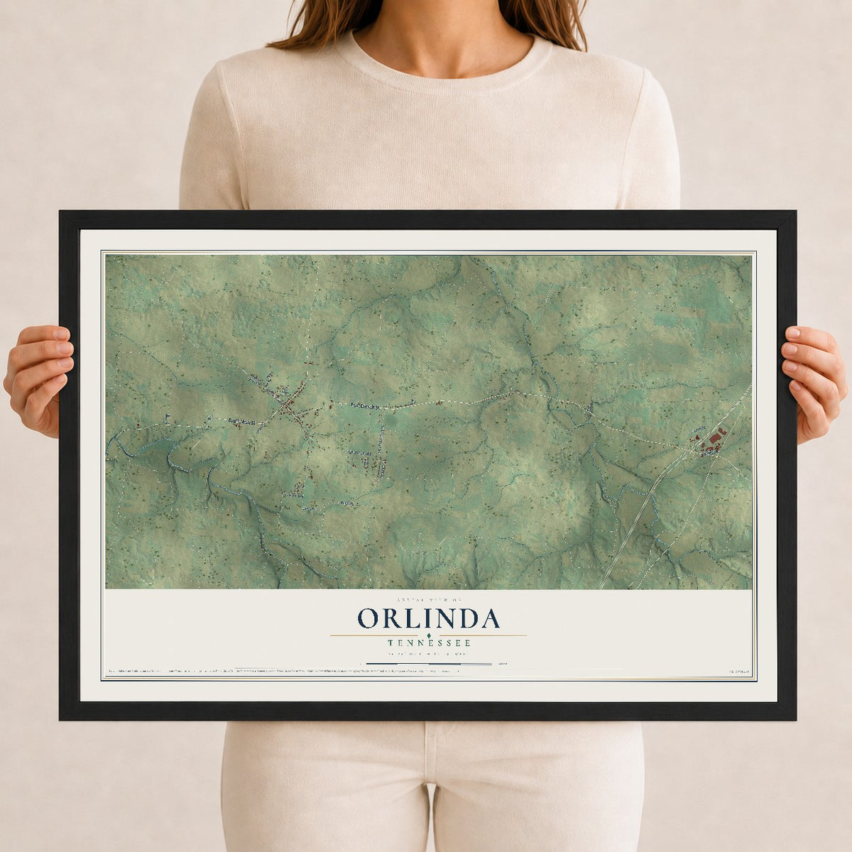 Map of Orlinda, Tennessee, 12 x 18 inch print in a black wood frame
