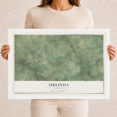 Map of Orlinda, Tennessee, 12 x 18 inch print in a white wood frame