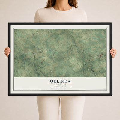 Map of Orlinda, Tennessee, 24 x 36 inch print in a black wood frame