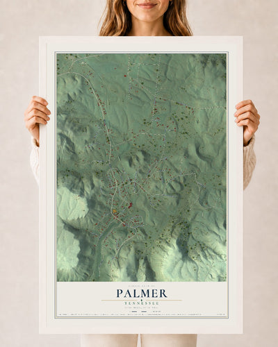 Map of Palmer, Tennessee, 24 x 36 inch print in a white wood frame