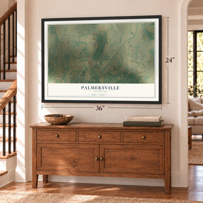 Palmersville, Tennessee map, 24 x 36 inch print in a black frame above a dresser by a staircase