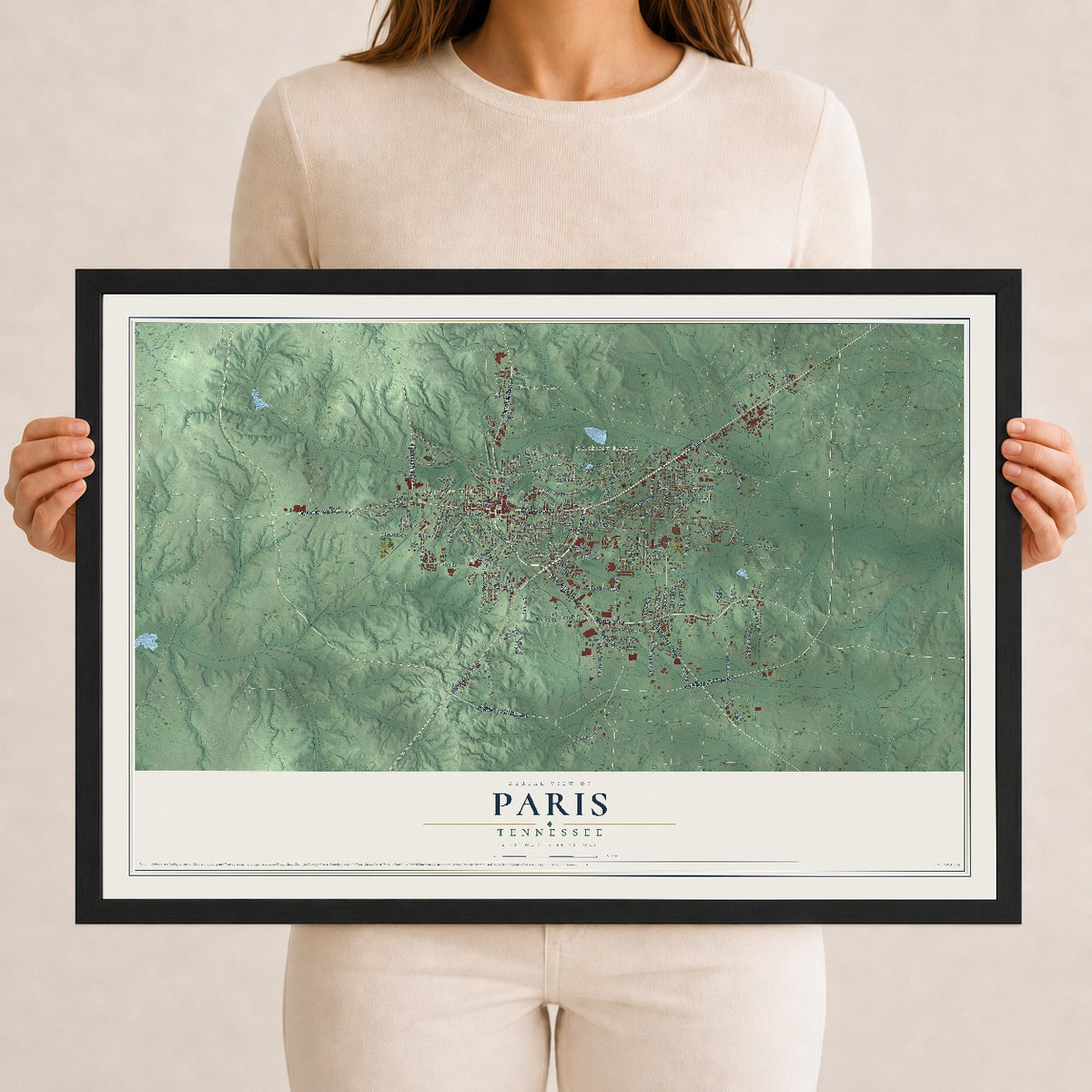 Map of Paris, Tennessee, 12 x 18 inch print in a black wood frame