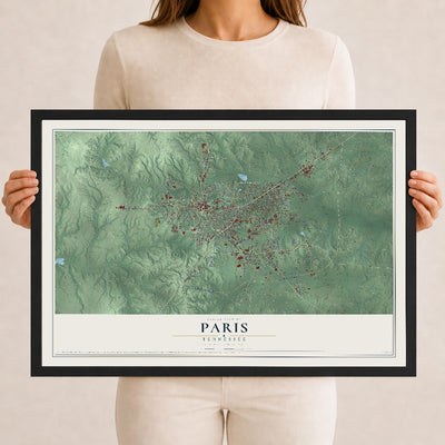 Map of Paris, Tennessee, 12 x 18 inch print in a black wood frame