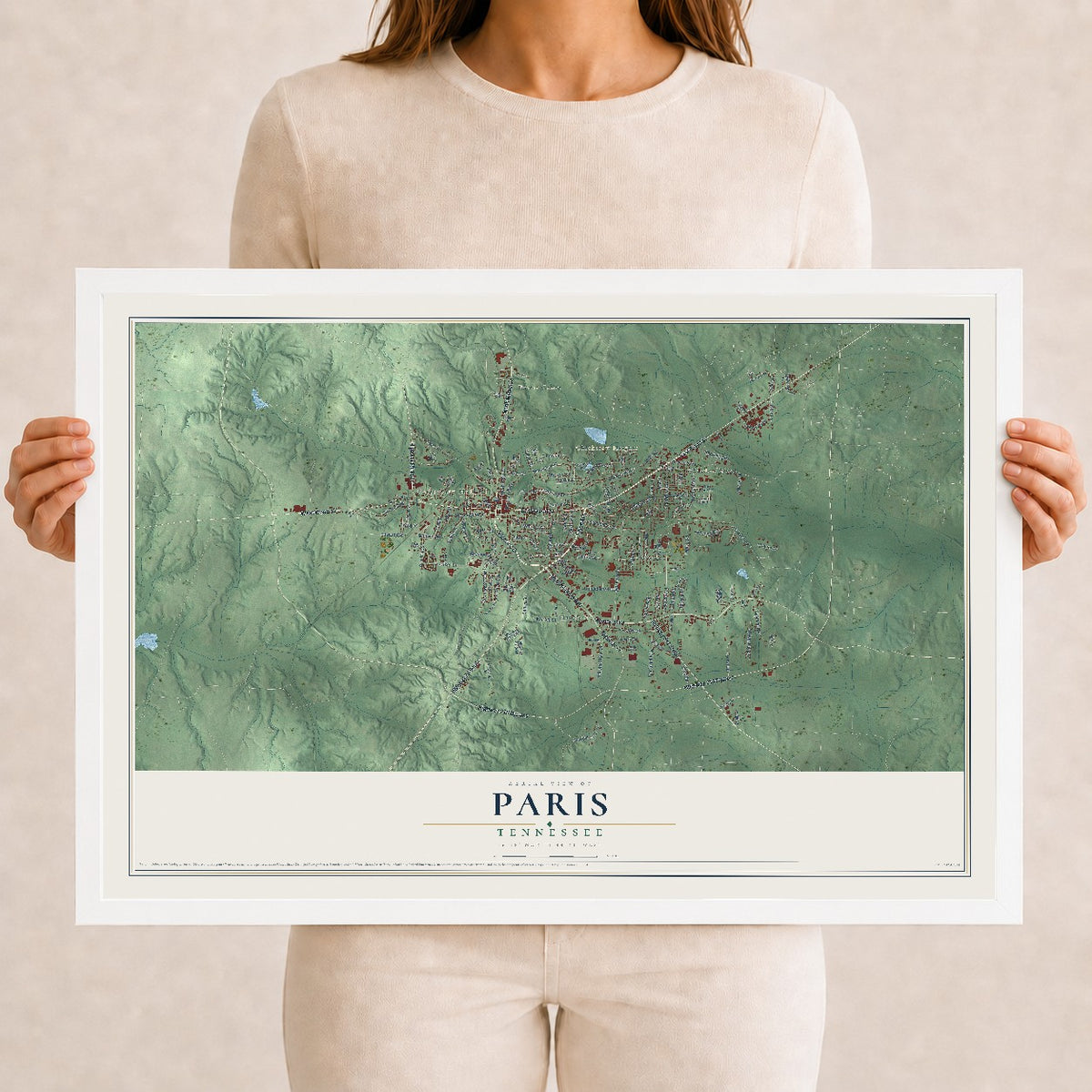 Map of Paris, Tennessee, 12 x 18 inch print in a white wood frame