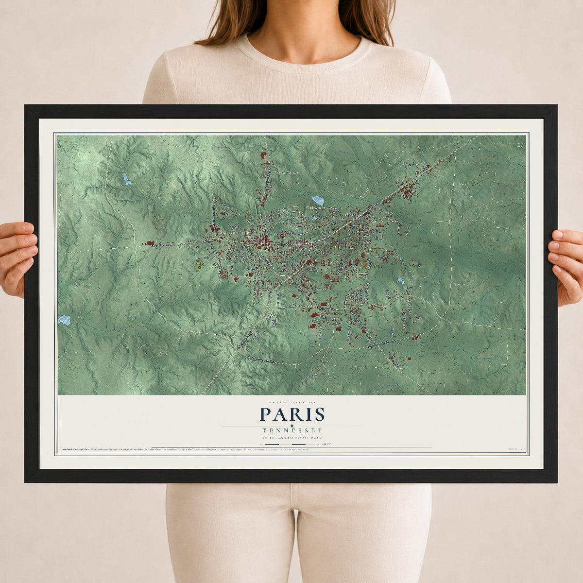 Map of Paris, Tennessee, 18 x 24 inch print in a black wood frame