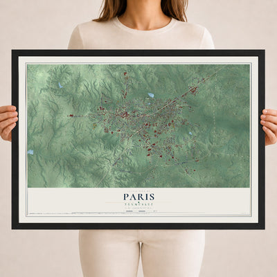 Map of Paris, Tennessee, 18 x 24 inch print in a black wood frame