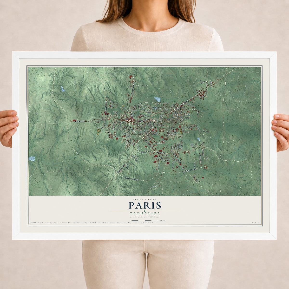 Map of Paris, Tennessee, 18 x 24 inch print in a white wood frame