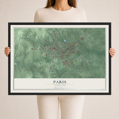 Map of Paris, Tennessee, 24 x 36 inch print in a black wood frame