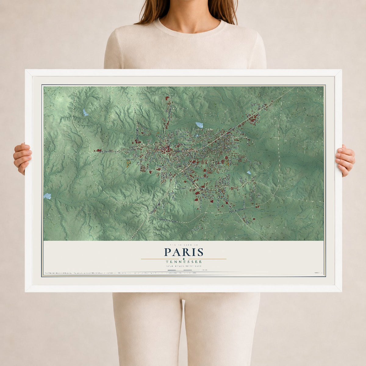 Map of Paris, Tennessee, 24 x 36 inch print in a white wood frame