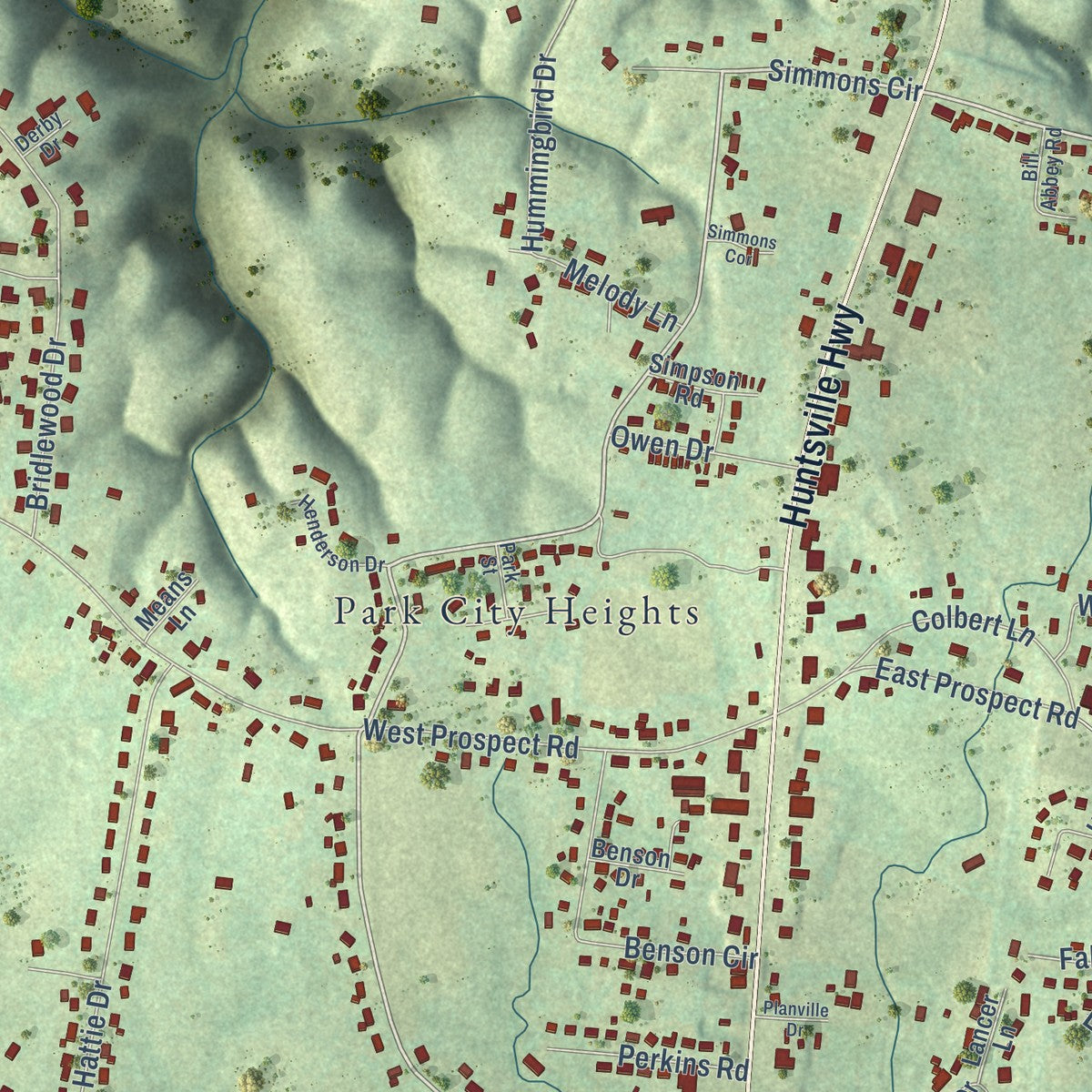 Close-up of the map of Park City, Tennessee print showing street and building detail