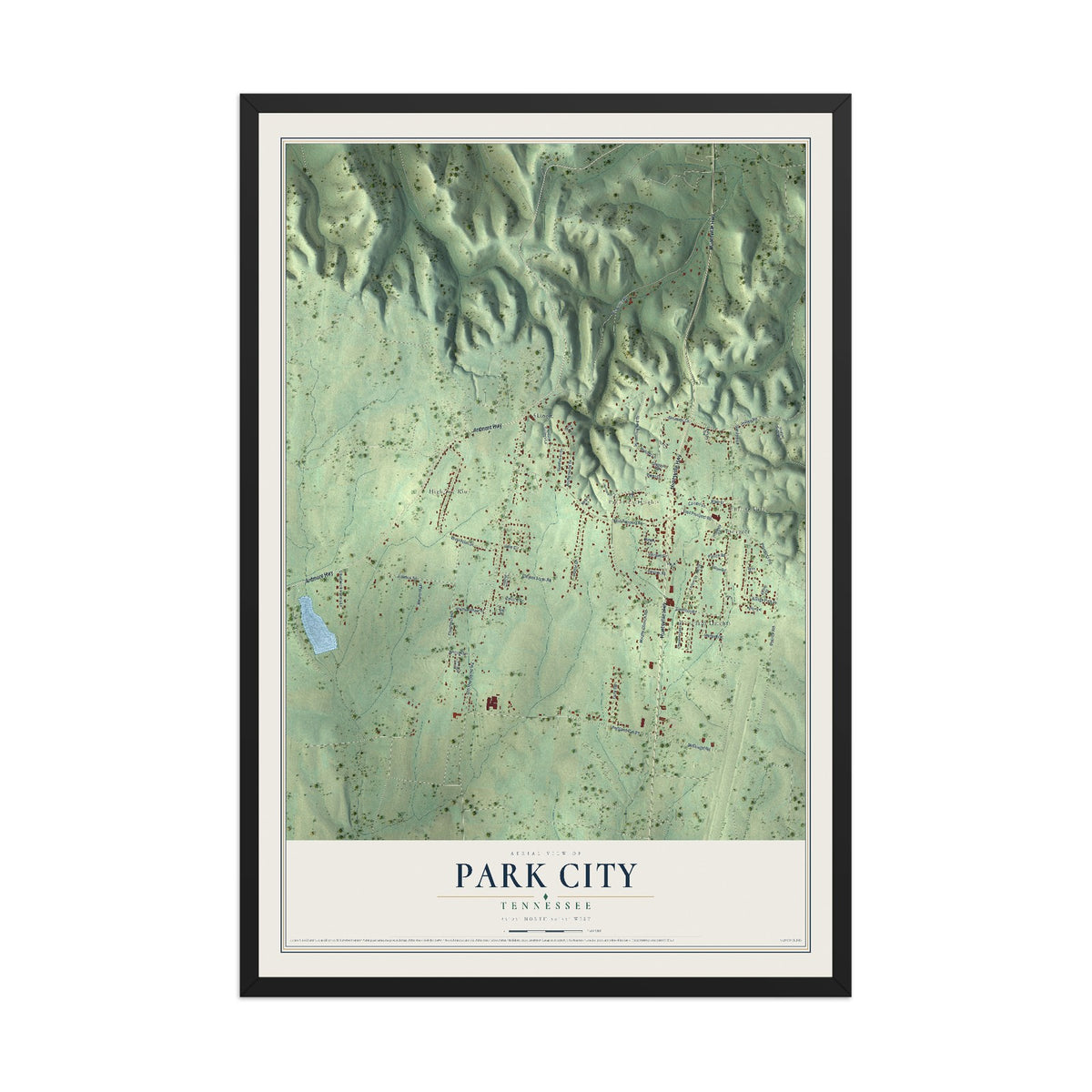 Map of Park City, Tennessee, 12 x 18 inch print in a black wood frame