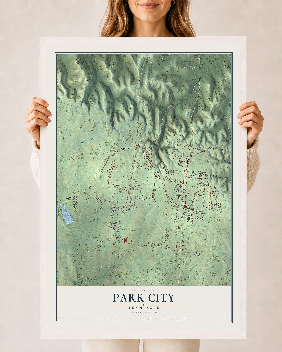 Map of Park City, Tennessee, 24 x 36 inch print in a white wood frame
