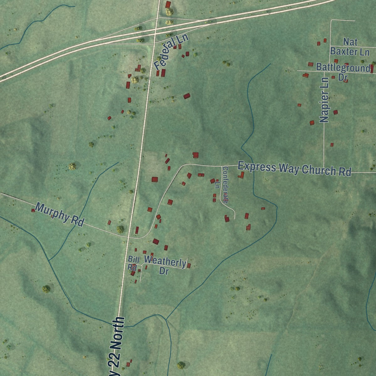 Close-up of the map of Parker's Crossroads, Tennessee print showing street and building detail