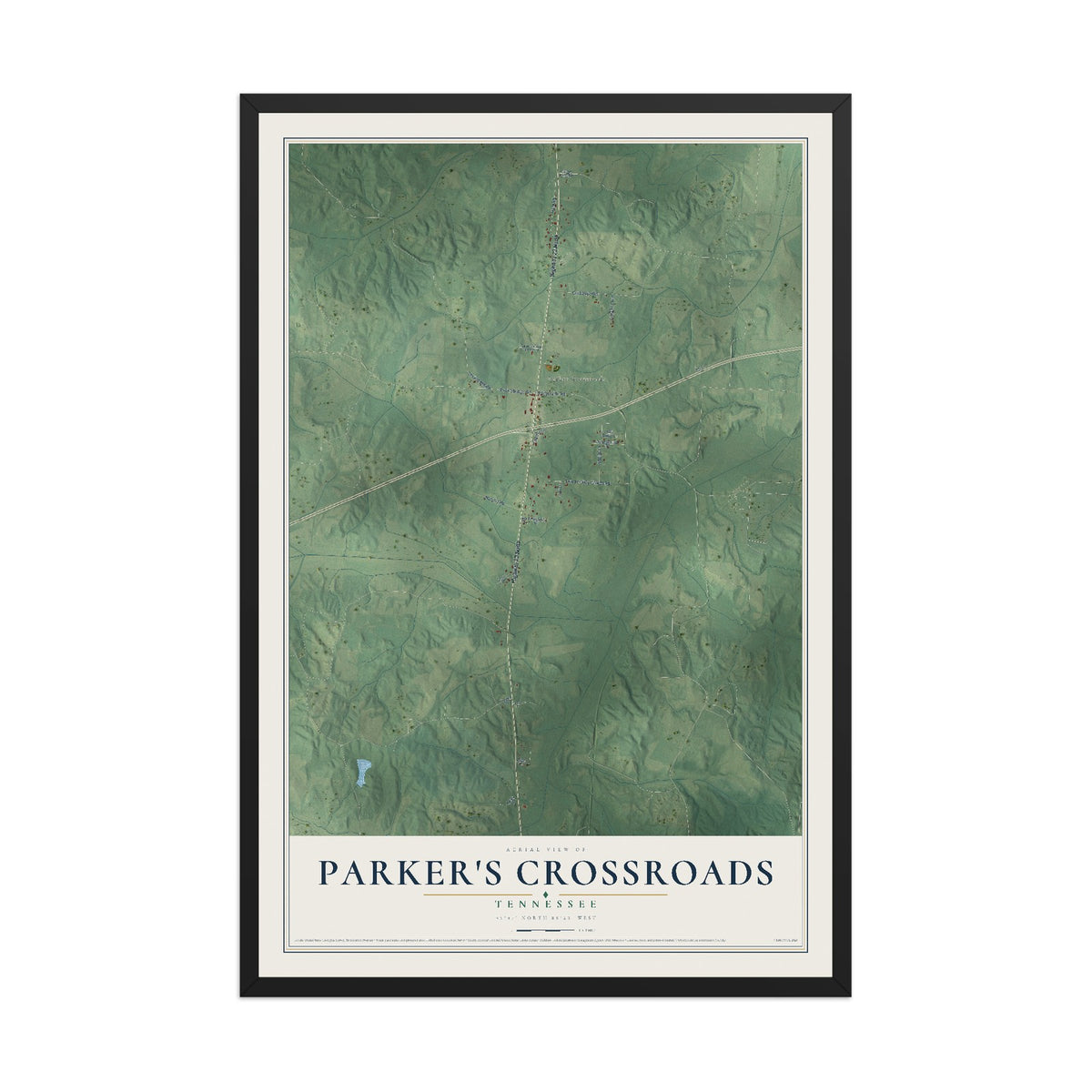 Map of Parker's Crossroads, Tennessee, 12 x 18 inch print in a black wood frame