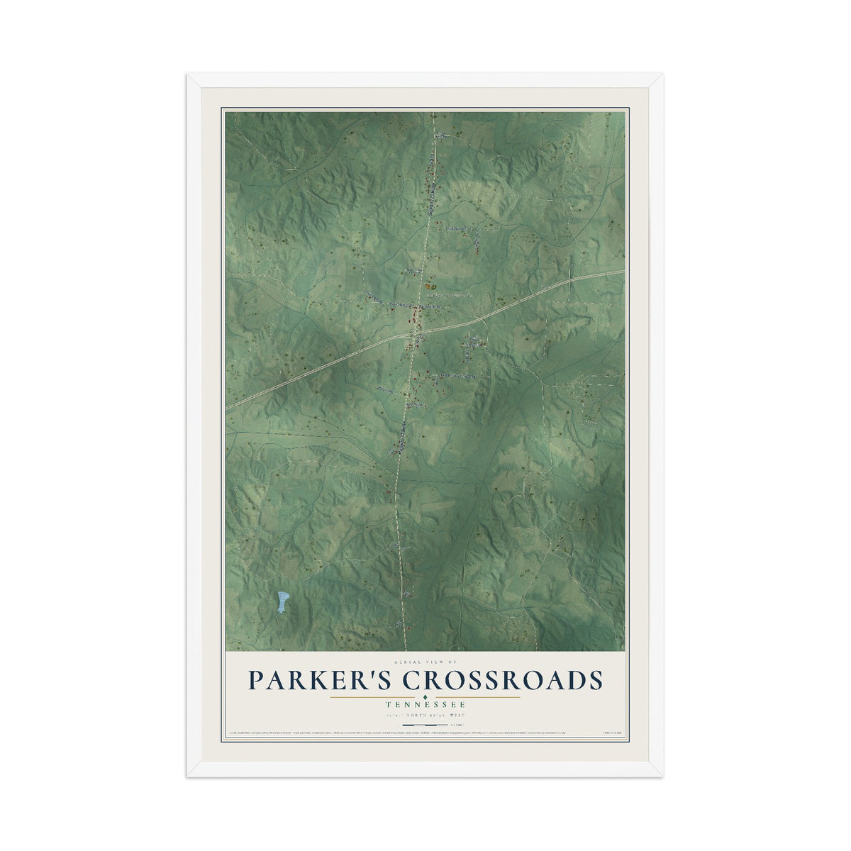 Map of Parker's Crossroads, Tennessee, 12 x 18 inch print in a white wood frame