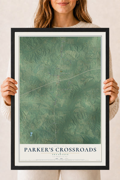Map of Parker's Crossroads, Tennessee, 18 x 24 inch print in a black wood frame