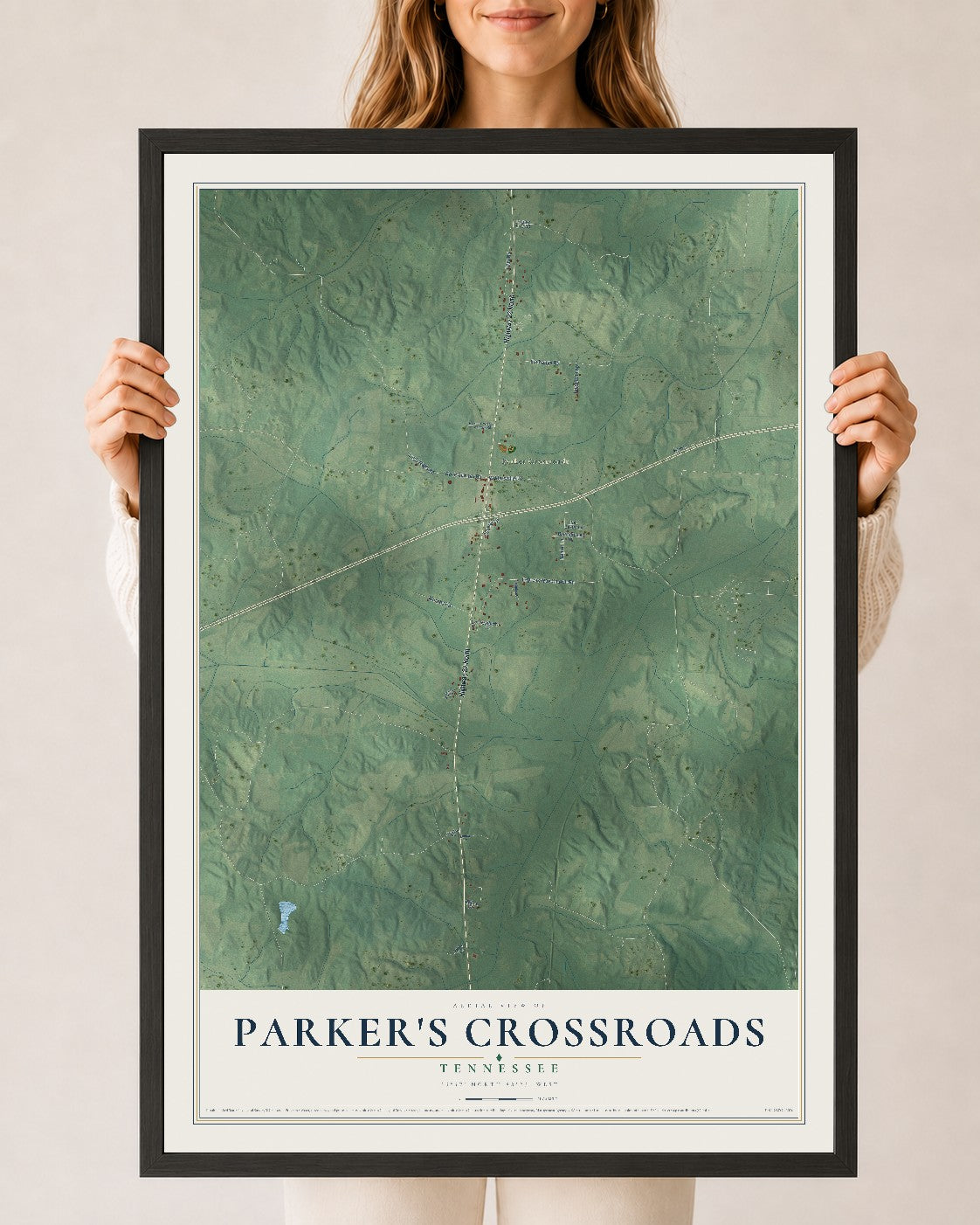 Map of Parker's Crossroads, Tennessee, 24 x 36 inch print in a black wood frame
