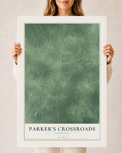 Map of Parker's Crossroads, Tennessee, 24 x 36 inch print in a white wood frame