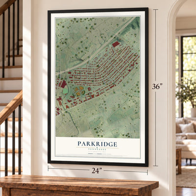 Parkridge, Tennessee map, 24 x 36 inch print in a black frame by a staircase
