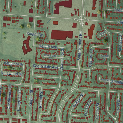 Close-up of the map of Parkway Village, Tennessee print showing street and building detail