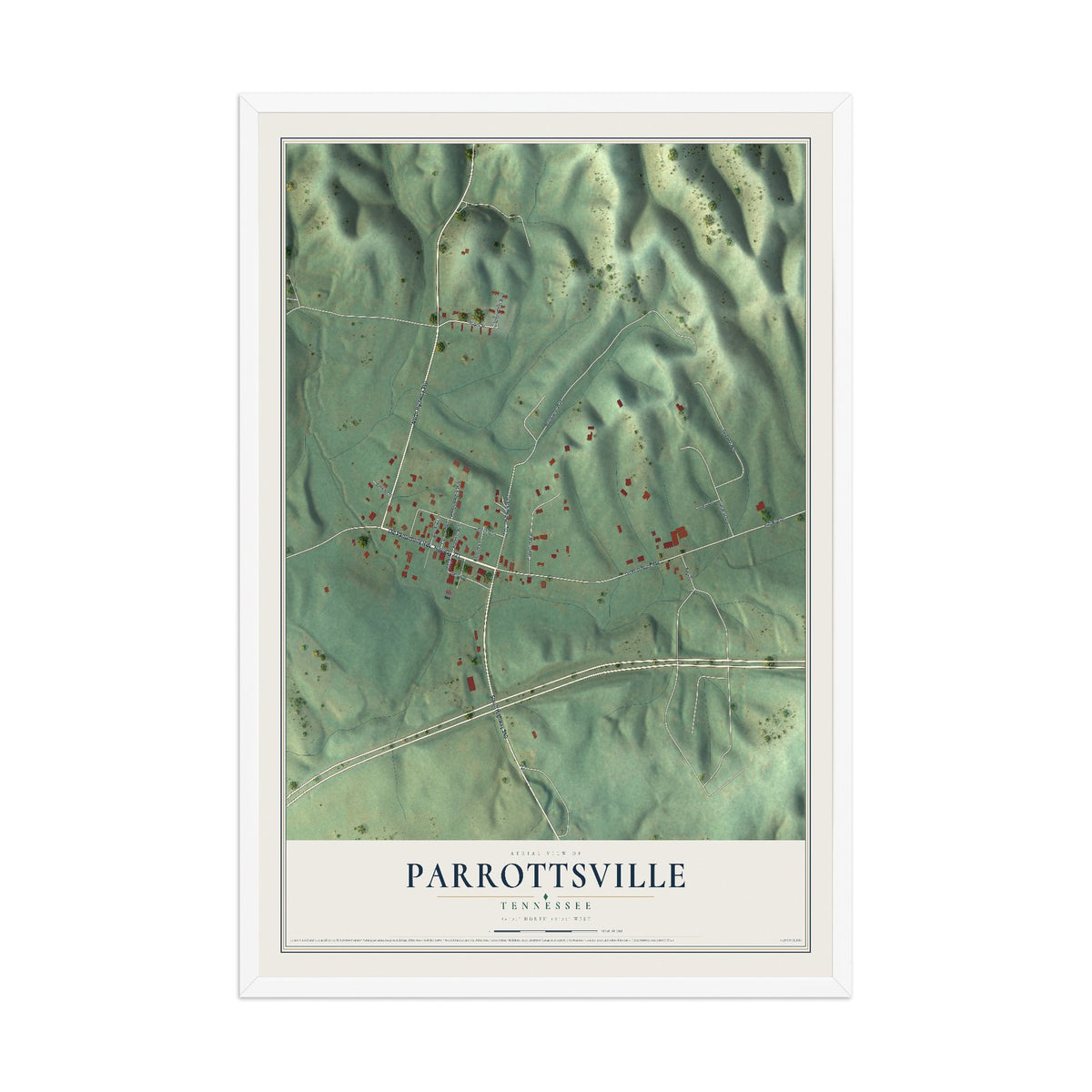 Map of Parrottsville, Tennessee, 12 x 18 inch print in a white wood frame