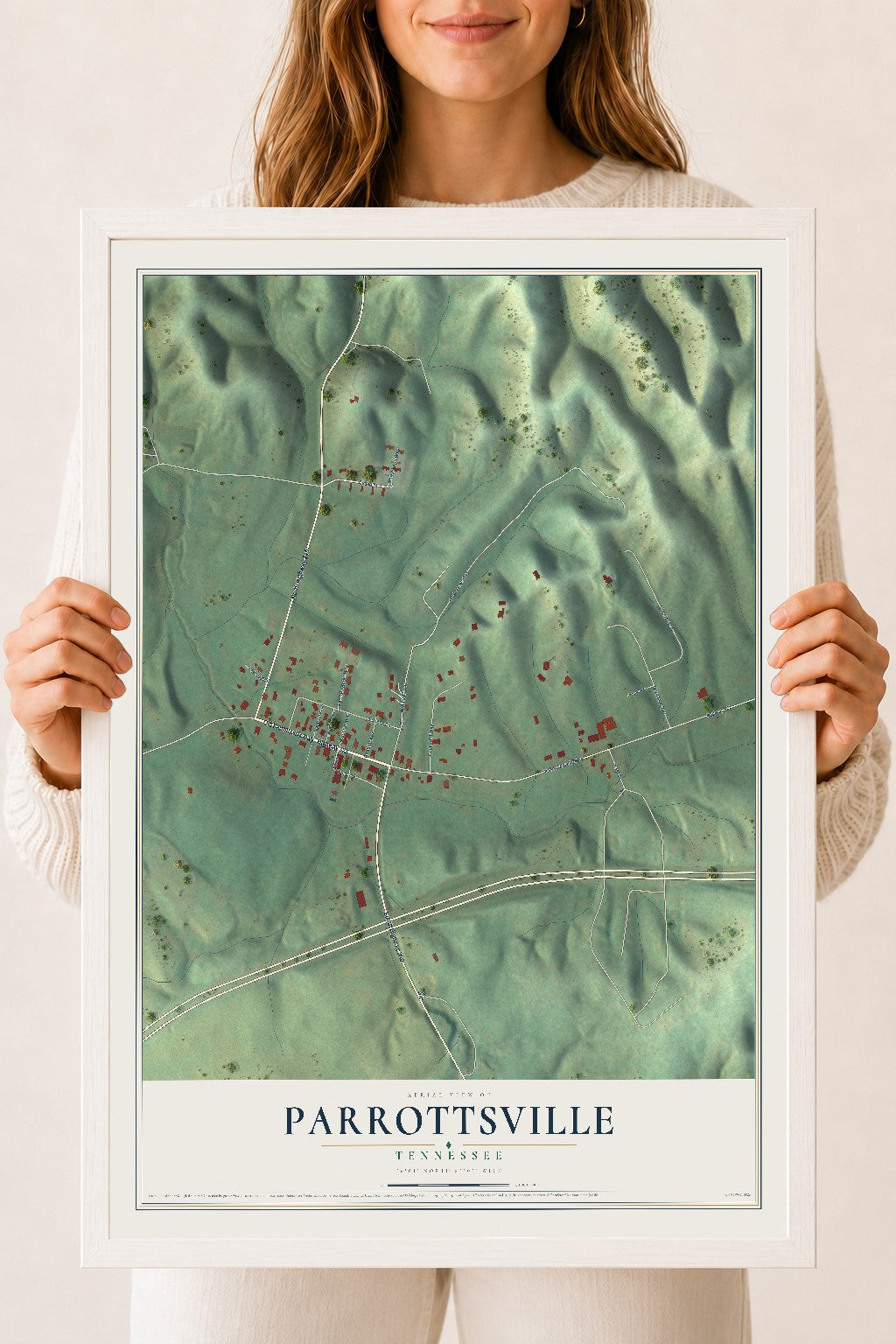 Map of Parrottsville, Tennessee, 18 x 24 inch print in a white wood frame